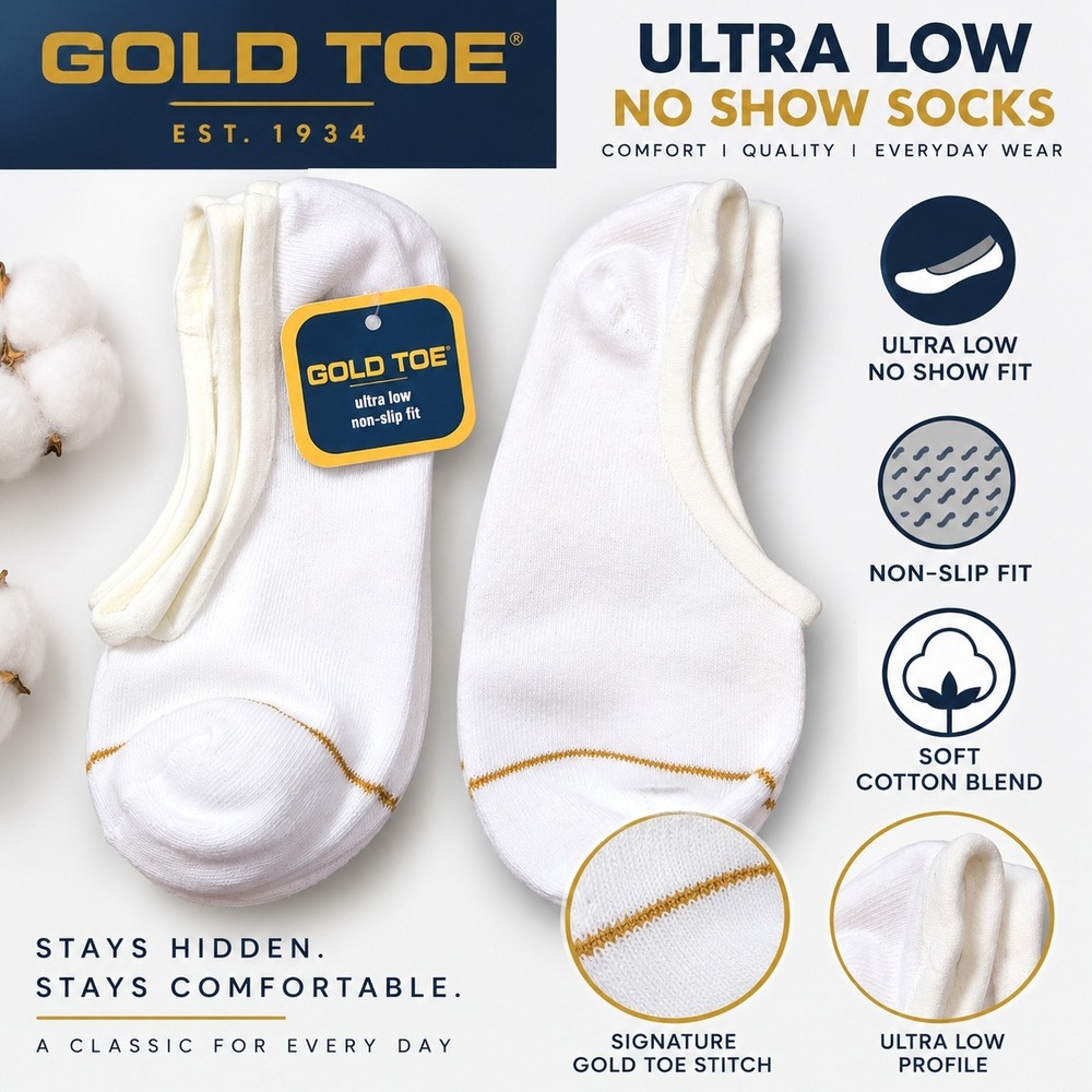 Gold Toe Ultra Low No Show Socks White Non-Slip Cotton Blend 2 Pair Pack